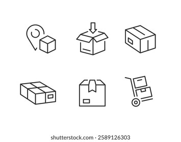 Delivery Services icons. Set of 6 Delivery trendy minimal icons featuring concepts such as worldwide shipping, package tracking, express mail, and secure transportation. Vector illustration 