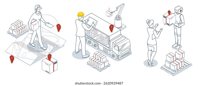 Conjunto de ilustrações isométricas de serviços de entrega. People and Robot delivery a box to a customer at home or office (Pessoas e robô entregando uma caixa a um cliente em casa ou no escritório). Negócios de logística inteligente.