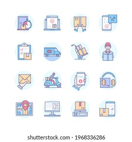 Delivery services - line design style icons set. Logistics, transportation and online shopping idea. Food and flowers ordering mobile app, technical support. Location, tracking parcels, weighing