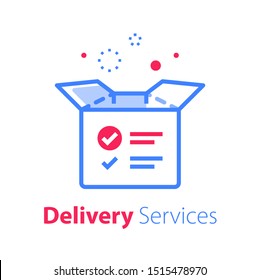 Delivery services, linear design, open box and check mark, shipment concept, collect parcel, product distribution, vector line icon
