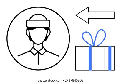 Servicios de entrega, logística, Asistencia al cliente, entrega de regalos, servicios de mensajería, compras en línea. Perfil de un obrero en un circulo con una flecha y una caja de regalo envuelta. Servicios de entrega y logística