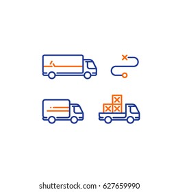 Delivery services, long and short truck, pick up truck with boxes, itinerary route, distance transportation, shipping and relocation, logistics company, rental truck, line vector icons, stroke