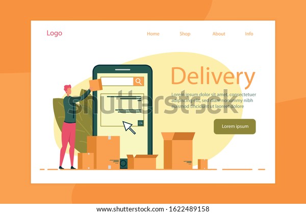 Delivery Services Mobile Application\
Interface with Man Cartoon Character Sending Parcel in Cardboard\
Boxes. Freight Shipment and Goods Delivery for Online Trading. Flat\
Vector Illustration.