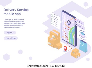 Delivery services mobile application isometric concept landing page template vector illustration