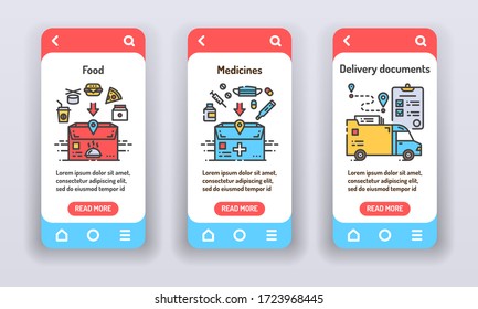 Delivery services on mobile app onboarding screens. Banners for website on red background and mobile kit development. UI UX GUI template.