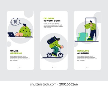 Lieferservice für Onboarding Screens Paket geeignet für mobile App, Web-Banner und Website. Konzept der Expresslieferung und der Lieferung von Lebensmitteln. Flache minimalistische Vektordesign-Illustration.