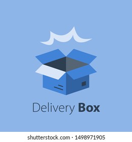 Delivery services, open box, unpacking postal parcel, pick up point, shopping order fast shipment, receive package, vector flat illustration