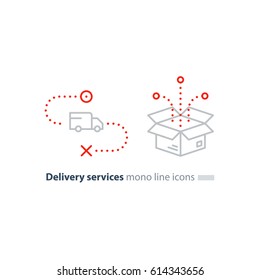 Delivery services, opened box, truck on the way, logistics and transportation, relocation concept, cargo shipment, distribution vector mono line icons