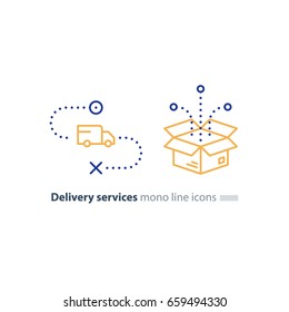 Delivery services, opened box, truck on the way, logistics and transportation, relocation concept, cargo shipment, distribution vector mono line icons