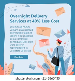 delivery services overnight, fast and quick shipping of ordered goods or mail. Courier with letters, postman giving messages on paper. Website internet landing page template, vector in flat style