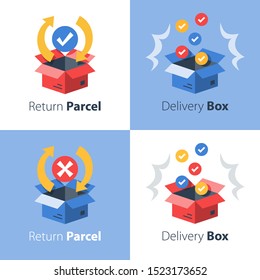 Delivery services, postal mail, receive or send parcel, cargo transportation, logistics solution, shipping and distribution concept, vector flat icon set svg