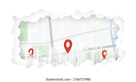 Servicios de entrega y navegación de pines rojos en la ciudad en la ubicación del mapa en el fondo de la nube.Ilustración de vectores de papel.