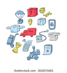 Delivery services set round shape. Colorful doodle icons on a white background: courier, box, delivery van, contract, warehouse, location, etc. Vector template for your business.