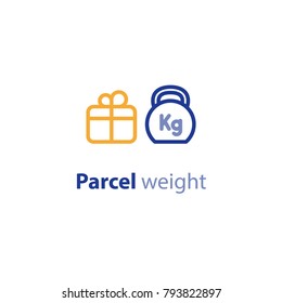 Delivery services, shipping parcel size and weight, shipment options, vector line icon set