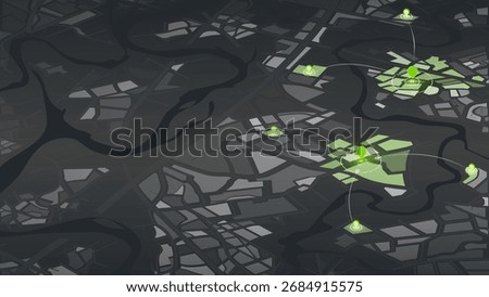 Delivery services in smart city navigation and geolocation system concept. GPS markers and digital location tracking. Dark modern map interface with connected green pins. Vector illustration