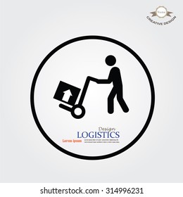 delivery services symbol on gray background.man icon with trolley.vector illustration.