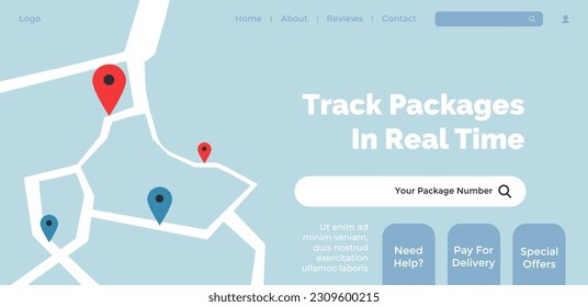 Delivery services, tracking packages online in application. Get to know location of your parcel or order. Status of delivering. Website landing page template, online site. Vector in flat style