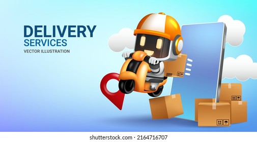 Delivery services vector concept design. Delivery services text with robot delivery rider character in phone and motorcycle elements for shopping order shipping. Vector illustration.
