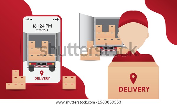 Delivery services vector illustration\
concept design. with courier, van, box, and\
smartphone