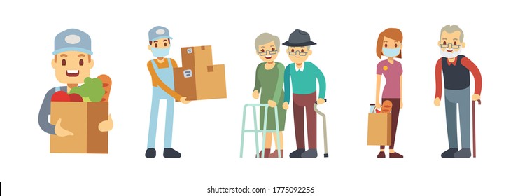 Servicios de entrega. Voluntariado, tienda de alimentos mensajero con caja y embalaje. Personas entregando comestibles a ancianas. Ilustración vectorial de servicio sin contacto, caridad o ayuda social