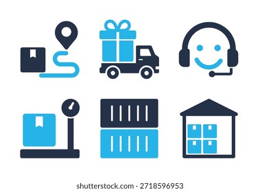 Conjunto de iconos de servicios de entrega y almacenamiento. Iconos de la serie de glifos sólidos