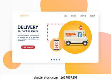 Delivery services web site template. 24/7 online order parcel adn food services concept for some companies working in world quarantine covid-19. Vector illustration flat web banner with white van.