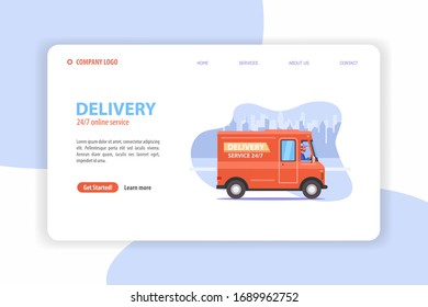 Delivery services web site template. 24/7 online order parcel and food services concept for some companies working in world quarantine covid-19. Vector illustration flat web banner with orange van.