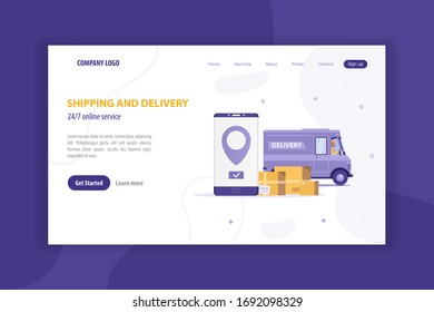 Delivery services web site template. 24/7 online order parcel and food services concept for some companies working in world quarantine covid-19. Vector illustration of purple flat web banner with van.