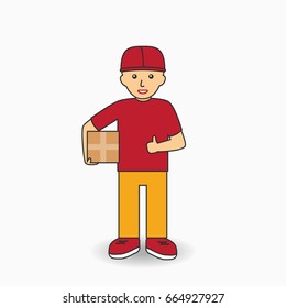 Delivery Services Worker in uniform. Courier man holding a box. Vector illustration.
