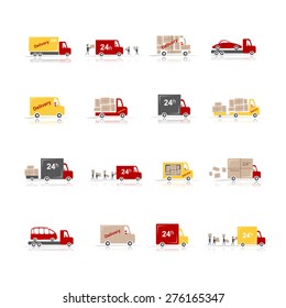 Delivery, set of 16 cars for your design. Vector illustration