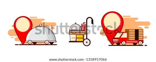 Delivery set\
with car and food. Point , mark.\
Vector