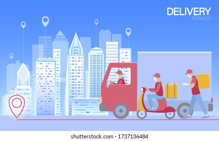 Delivery set cartoon shipping car truck walking courier. Scooter service address safety masks. Coronavirus contactless distance flat vector illustration