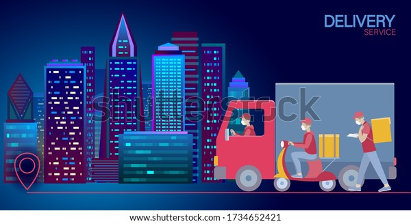 Delivery set cartoon shipping car truck\
walking courier. Scooter service address safety masks. Coronavirus\
contactless distance flat vector\
illustration