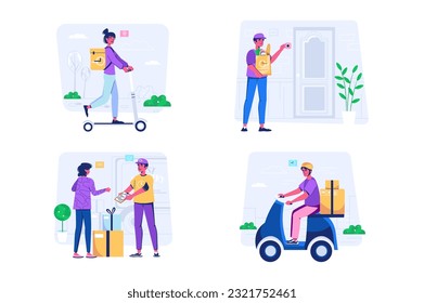 Concepto de un juego de entregas con la escena de personas en el estilo de dibujos animados planos. Los nutrientes entregan compras a los clientes en diversos vehículos. Ilustración vectorial.