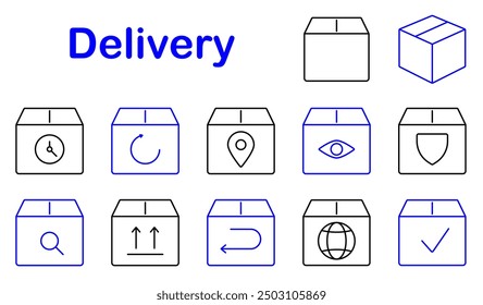 Delivery set icon. Box, clock, refresh, location, tracking, security, global, shipping, package, return, delivery time, logistics, online order, parcel, distribution, transport, ecommerce, handling.