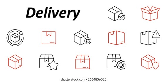 Icono de conjunto de entrega. Cajas con marcas de verificación, cruces, alertas, flechas, engranajes, estrellas, líneas de cinta e iconos de escudo que se muestran en el diseño de concepto de envío delineado.