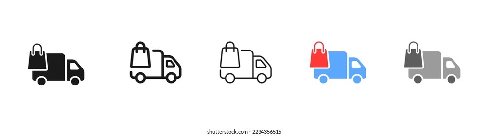 Icono de juego de entrega. Camión. Entrega gratuita y rápida de bienes. Publicación. Minivan que entrega el pedido. Concepto de compras. Vector cinco ícono de estilo diferente en fondo blanco