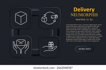 Delivery set icon. Cube, truck in circular motion, envelope in hands, and hand holding gift box outlined on dark neumorphic tiles for logistics interface themes - Powered by Shutterstock - Get 15% off with code: PIKWIZARD15
