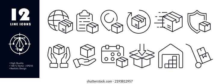 Delivery set icon. Deliver parcels, worldwide shipping, invoice, destination, fast, shield, protection, courier, calendar, date, storage, shopping. Logistics concept. Vector line icon for Business.