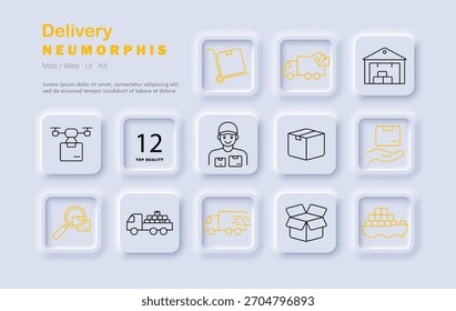 Symbol für Auslieferungssatz. Drohne, Lager, Kurier, LKW, Schiff, Rücksendung, Suche, Feld, Hand, schnell, Tracking, Bestellung, Inventar Logistik und Versandprozess