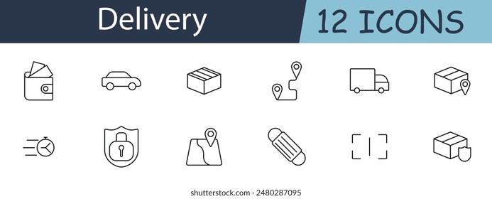 Delivery set icon. Includes parcel, delivery truck, route, logistics, and shipping symbols. Perfect for e-commerce, shipping services, and logistics tracking. Vector line icon on white background.