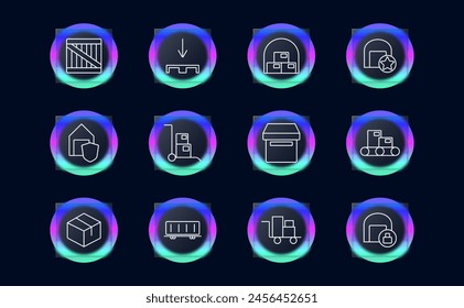 Delivery set icon. Online shopping, box, port, sea container, stuffing, warehouse, star, hangar, box, shield, lock, stretcher, cardboard box, glassmorphism. Cargo transportation concept.