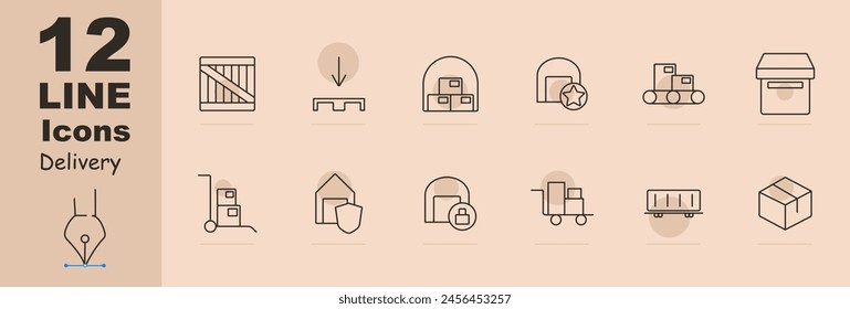 Delivery set icon. Online shopping, box, port, sea container, stuffing, warehouse, star, hangar, box, shield, lock, stretcher, cardboard box. Cargo transportation concept.