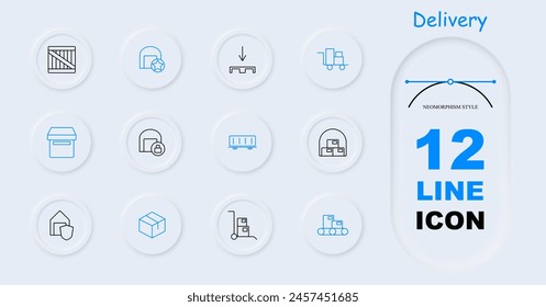 Delivery set icon. Online shopping, box, port, sea container, stuffing, warehouse, star, hangar, box, shield, lock, stretcher, cardboard box, neomorphism. Cargo transportation concept.