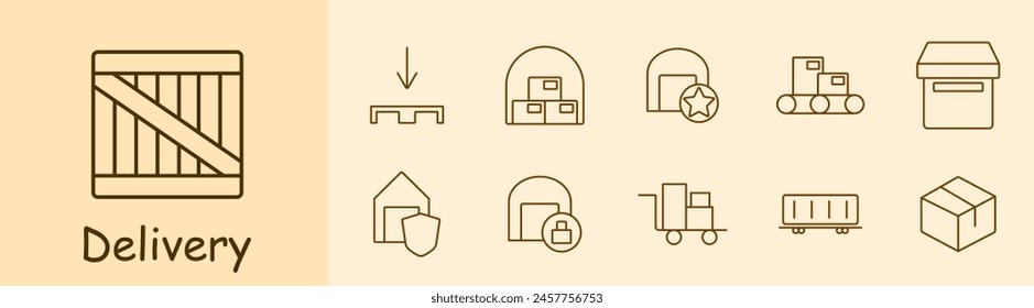 Delivery set icon. Online shopping, box, port, sea container, stuffing, warehouse, star, hangar, box, shield, lock, stretcher, cardboard box. Cargo transportation concept.