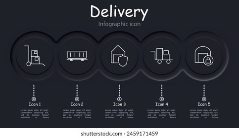 Delivery set icon. Online shopping, box, port, sea container, stuffing, warehouse, star, hangar, box, shield, lock, stretcher, cardboard box, infographic, neomorphism. Cargo transportation concept.