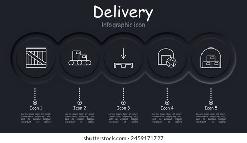 Delivery set icon. Online shopping, box, port, sea container, stuffing, warehouse, star, hangar, box, shield, lock, stretcher, cardboard box, infographic, neomorphism. Cargo transportation concept.