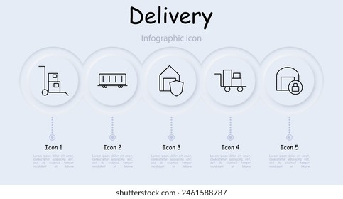 Delivery set icon. Online shopping, box, port, sea container, stuffing, warehouse, star, hangar, box, shield, lock, stretcher, cardboard box, infographic, neomorphism. Cargo transportation concept.