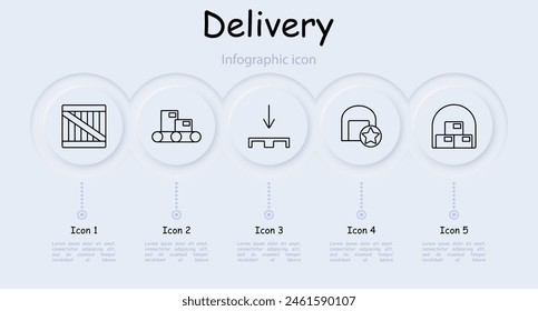 Delivery set icon. Online shopping, box, port, sea container, stuffing, warehouse, star, hangar, box, shield, lock, stretcher, cardboard box, infographic, neomorphism. Cargo transportation concept.