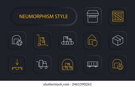 Delivery set icon. Online shopping, box, port, sea container, stuffing, warehouse, star, hangar, box, shield, lock, stretcher, cardboard box, neomorphism. Cargo transportation concept.